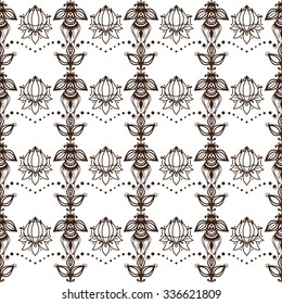 Contrasting seamless  pattern, hand drawn lacy ornament on white background with abstract ornate floral elements and lotuses. Ready to use - just drag and drop to your swatch panel.