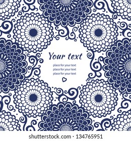 Contrasting seamless pattern with large flowers and curls. You can place your text in the empty frame. Template frame design for card.