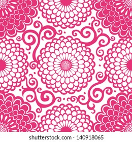 Contrasting seamless pattern with large flowers and curls. Classic ornament in bright color.