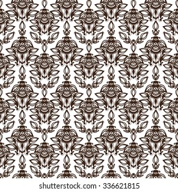 Contrasting seamless tiles pattern, brown hand drawn lacy ornament on white background. Ready to use - just drag and drop to your swatch panel.