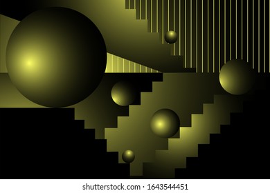 The contrasting shades of black and gold give the impression of interior space and movement. Minimalist creation of round shapes, lines and stairs on a black background. Architecture, interior. Vector