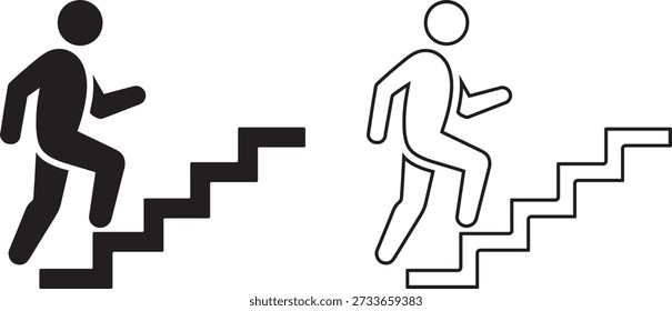Una representación en contraste de lado a lado de dos figuras de palo estilizadas que ascienden por un conjunto de escaleras, una representada como una silueta negra sólida y la otra como un contorno blanco con un borde negro, que ilustra el progreso, la ambición, el crecimiento personal o el avance profesional sobre un fondo blanco liso, que simboliza diferentes caminos o representaciones del esfuerzo humano para lograr objetivos.