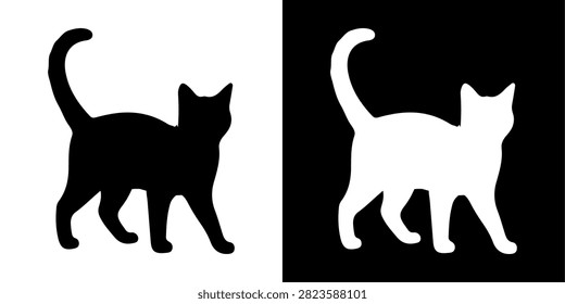 Contrasting silhouettes of a cat on black and white backgrounds, highlighting feline curiosity and elegance in minimalist style.