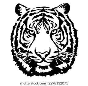 Contrasting stencil-style tiger muzzle. Tiger head. Black and white outline. Vector illustration isolated on white.