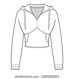 Contrasting Trim Cropped Hoodie with Kangaroo Pocket fashion flat technical drawing template. Flat apparel Dress template front and back, white color. CAD mock-up.