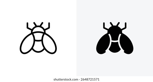 A arte vetorial contrastante apresenta uma mosca em dois estilos, com um contorno preto mínimo e uma silhueta preta sólida, ambos contra um fundo limpo e brilhante.