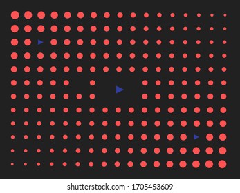 contrasting vector background of geometric shapes. Among the red circles on a black background, a blue triangles is placed in contrast, giving dynamics to the entire composition