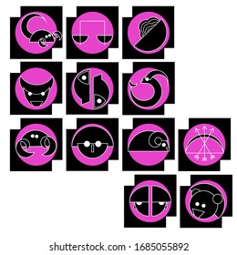 Contrasting vector image, black and magneta purple set of astrological western horoscope zodiac signs for decoration and design on a white background