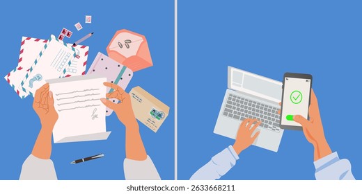 Contrasting Work Methods: Manual Correspondence vs. Digital Workflow – Vector Illustration.Ideal for projects discussing business innovation, digital adoption, and the future of work.
