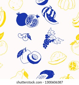 contrasting yellow and blue fruits doodles on white pattern vector