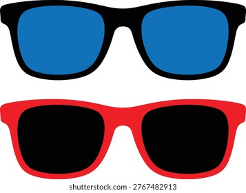Contrastive pair of stylish sunglasses with blue and red frames displayed side by side.
