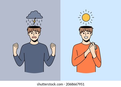 Contrasts of human mood concept. Young man cartoon character having angry furious mood with lightning and good positive with sun shining above vector illustration 