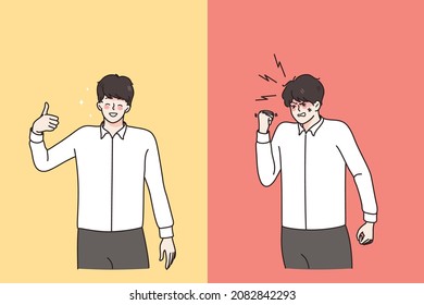 Contrasts in mood and expression concept. Two men with positive face showing thumbs up sign and angry one with pushed fist standing towards each other vector illustration 