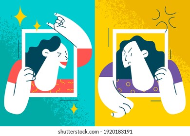 Contrasts in mood and state of mind concept. Women holding frames with happy laughing cheerful and angry aggressive expression in faces vector illustration