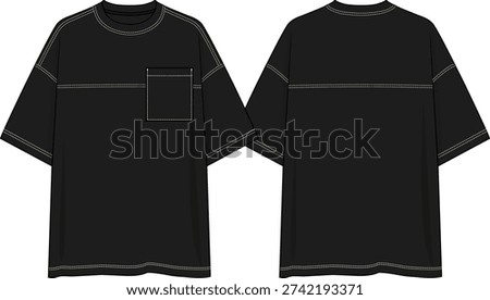Contrast-Stitch Oversized-Fit T-Shirt graphite blue with off white topstitching, chest patch pocket, Contrast stitching at yokes seams, crew neckline, hems and armhole, streetwear, trend, clothing, sketch front and back