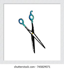 Contrasty hairdressing scissors vector hand drawn fashion sketch. Illustration for decoration, business identity beauty salons, shops. Isolated element on white backdrop in wooden frame.