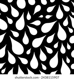 Contrasty monochrome seamless vector pattern with white drops tightly placed close together over black background. White droplets varying in size on dark backdrop surface art for printing.