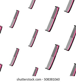 Contrasty seamless pattern with comb for beauty salons or shops. Inspired by fashion professional hairdressers tools. Vector background with isolated elements on white backdrop.
