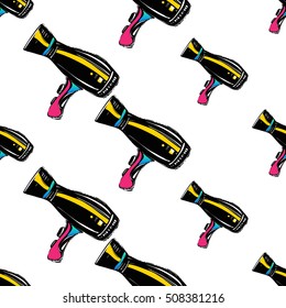 Contrasty seamless pattern with hair dryer for beauty salons or shops. Inspired by fashion professional hairdressers tools. Vector background with isolated elements on white backdrop.