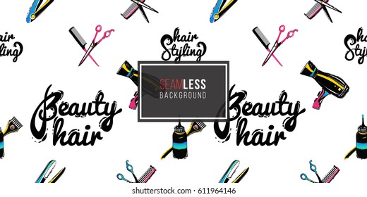 Contrasty seamless pattern with hair dryer, barrette, coloring tools, hair iron, scissors, hairbrush, comb for beauty salons or shops. Inspired by fashion professional hairdressers tools.