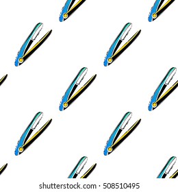 Contrasty seamless pattern with hair iron for beauty salons or shops. Inspired by fashion professional hairdressers tools. Vector background with isolated elements on white backdrop.