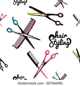 Contrasty seamless pattern with hair styling, thinning scissors, hairbrush, comb for beauty salons or shops. Inspired by fashion professional hairdressers tools. Vector background.