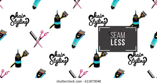 Contrasty seamless pattern with hair styling, trimmer, coloring tools, scissors and hairbrush for beauty salons or shops. Inspired by fashion professional hairdressers tools.