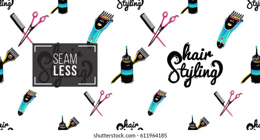 Contrasty seamless pattern with hair styling, trimmer, coloring tools, scissors and hairbrush for beauty salons or shops. Inspired by fashion professional hairdressers tools.