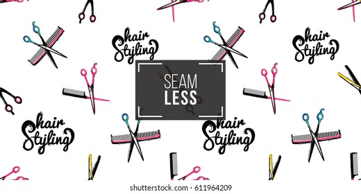 Contrasty seamless pattern with hair styling, thinning scissors, scissors and hairbrush, scissors and comb for beauty salons or shops. Inspired by fashion professional hairdressers tools.