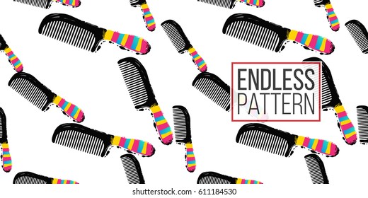 Contrasty seamless pattern with hairbrush for beauty salons or shops. Inspired by fashion professional hairdressers tools. Vector background with isolated elements on white backdrop.