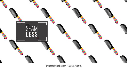 Contrasty seamless pattern with hairbrush for beauty salons or shops. Inspired by fashion professional hairdressers tools. Vector background with isolated elements on white backdrop.