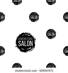 Contrasty seamless pattern with hairdressing salon label for beauty salons or shops. Inspired by fashion professional hairdressers tools. Vector background with isolated elements on white backdrop.