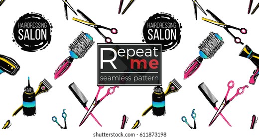 Contrasty seamless pattern with hairdressing salon, thinning scissors, hair dryer, barrette, hairbrush, coloring tools for beauty salons or shops. Inspired by fashion professional hairdressers tools.