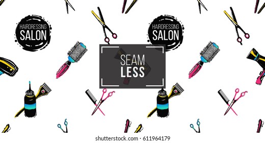 Contrasty seamless pattern with hairdressing salon label, thinning, hairdressing scissors, hair dryer, barrette, hairbrush, coloring tools, hairbrush for beauty salons or shops.