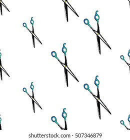 Contrasty seamless pattern with hairdressing scissors for beauty salons or shops. Inspired by fashion professional hairdressers tools. Vector background with isolated elements on white backdrop.