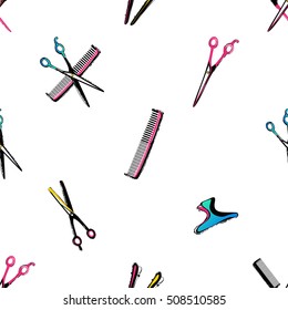 Contrasty seamless pattern with hairdressing scissors, hairclip, barrette, comb, hairbrush for beauty salons or shops. Inspired by fashion professional hairdressers tools. Vector background.