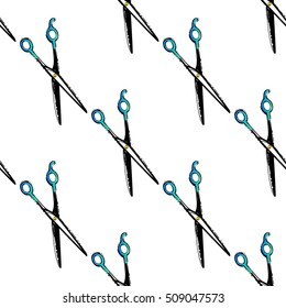 Contrasty seamless pattern with hairdressing scissors for beauty salons or shops. Inspired by fashion professional hairdressers tools. Vector background with isolated elements on white backdrop.