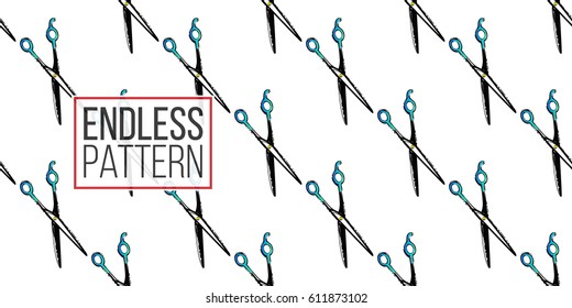 Contrasty seamless pattern with hairdressing scissors for beauty salons or shops. Inspired by fashion professional hairdressers tools. Vector background with isolated elements on white backdrop.