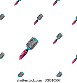 Contrasty seamless pattern with round hairbrush for beauty salons or shops. Inspired by fashion professional hairdressers tools. Vector background with isolated elements on white backdrop.