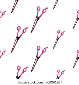 Contrasty seamless pattern with scissors for beauty salons or shops. Inspired by fashion professional hairdressers tools. Vector background with isolated elements on white backdrop.
