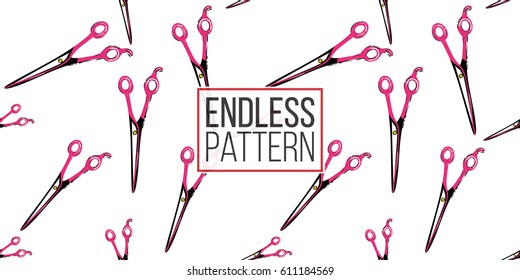 Contrasty seamless pattern with scissors for beauty salons or shops. Inspired by fashion professional hairdressers tools. Vector background with isolated elements on white backdrop.