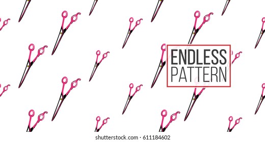 Contrasty seamless pattern with scissors for beauty salons or shops. Inspired by fashion professional hairdressers tools. Vector background with isolated elements on white backdrop.