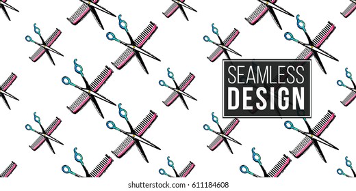 Contrasty seamless pattern with scissors and comb for beauty salons or shops. Inspired by fashion professional hairdressers tools. Vector background with isolated elements on white backdrop.