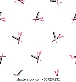 Contrasty seamless pattern with scissors and hairbrush for beauty salons or shops. Inspired by fashion professional hairdressers tools. Vector background with isolated elements on white backdrop.