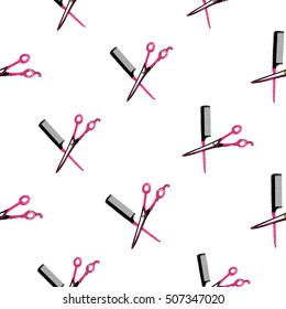 Contrasty seamless pattern with scissors and hairbrush for beauty salons or shops. Inspired by fashion professional hairdressers tools. Vector background with isolated elements on white backdrop.