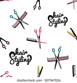 Contrasty seamless pattern with scissors, hairbrush, comb for beauty salons or shops. Inspired by fashion professional hairdressers tools. Vector background with isolated elements on white backdrop.