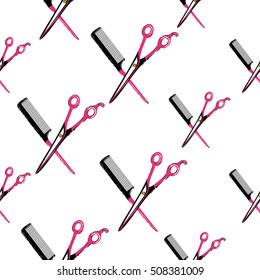 Contrasty seamless pattern with scissors and hairbrush for beauty salons or shops. Inspired by fashion professional hairdressers tools. Vector background with isolated elements on white backdrop.