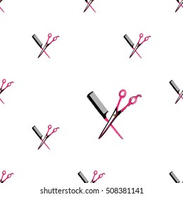 Contrasty seamless pattern with scissors and hairbrush for beauty salons or shops. Inspired by fashion professional hairdressers tools. Vector background with isolated elements on white backdrop.