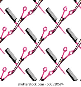 Contrasty seamless pattern with scissors and hairbrush for beauty salons or shops. Inspired by fashion professional hairdressers tools. Vector background with isolated elements on white backdrop.