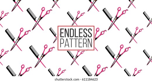 Contrasty seamless pattern with scissors and hairbrush for beauty salons or shops. Inspired by fashion professional hairdressers tools. Vector background with isolated elements on white backdrop.